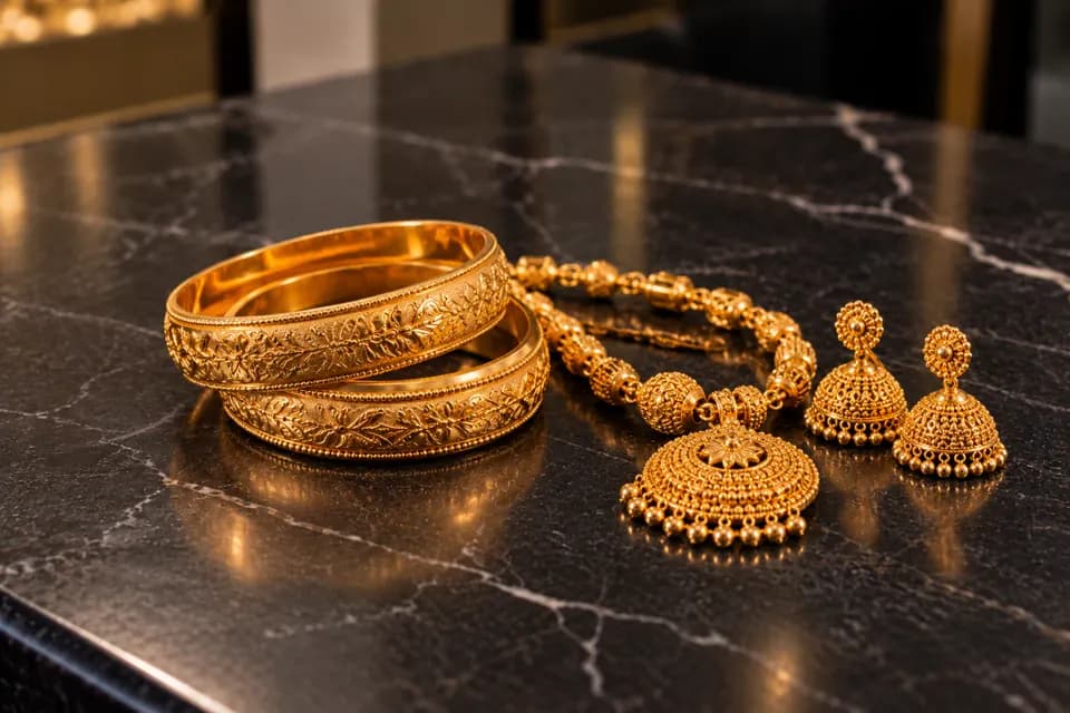 22ct Asian gold: two engraved bangles, a necklace and jhumka earrings