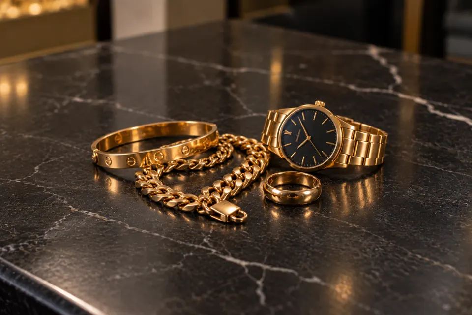 Gold jewellery: a bangle, a curb chain bracelet, a gold watch and a ring