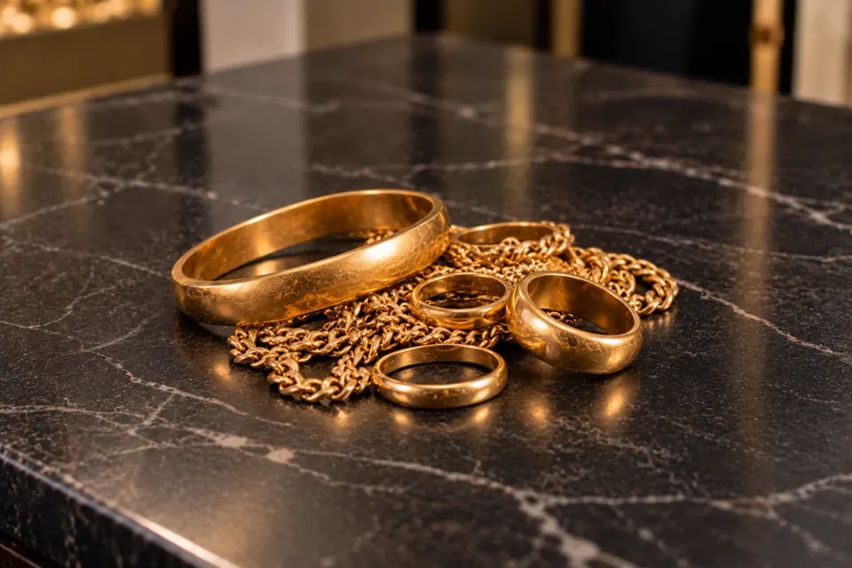 Plain gold bangle, chain and wedding bands with no visible hallmark