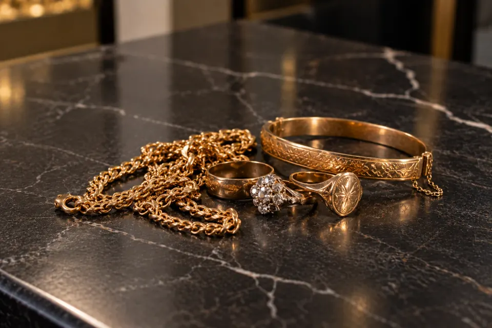 Old gold jewellery: chains, a cluster ring, a signet ring and an engraved bangle