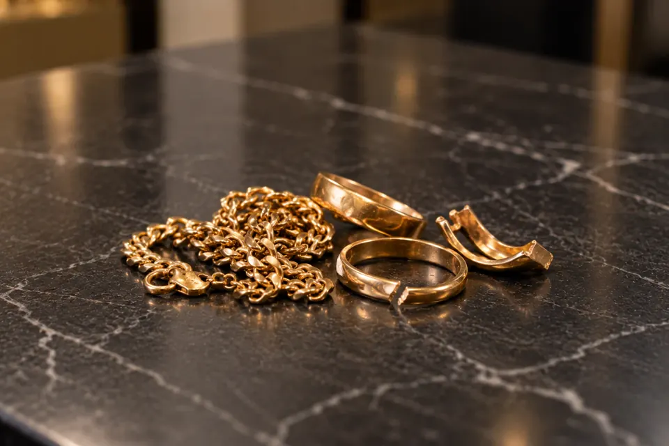 Scrap gold: a snapped chain, a cut wedding ring and broken gold pieces on a counter