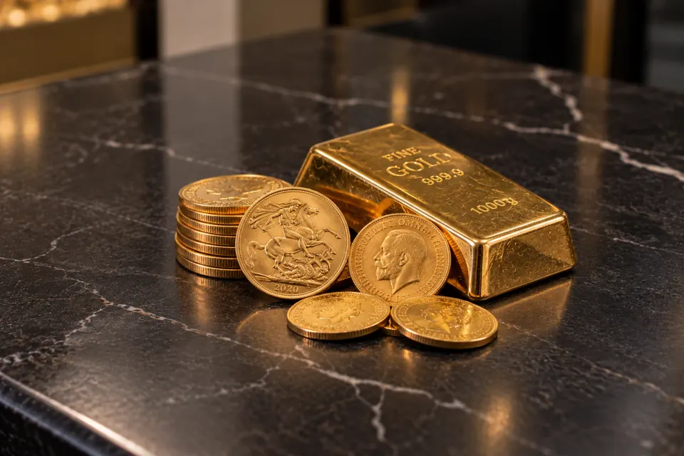Gold sovereigns stacked beside a 1000g fine gold bar